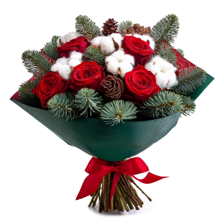Bouquet de charme hivernal en pin et en rose